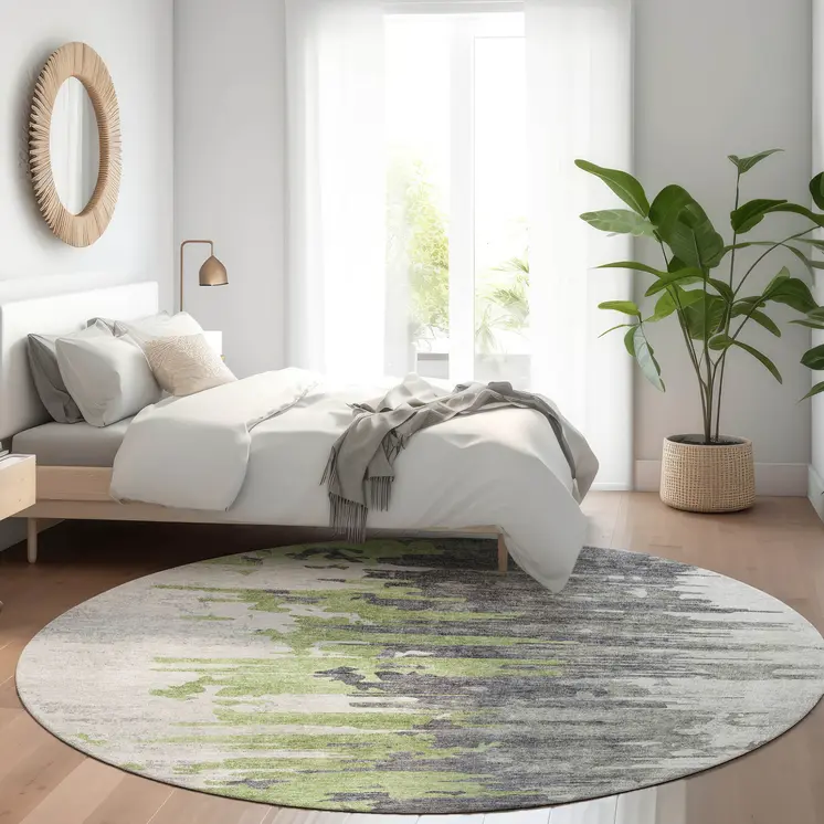 8' Green And Silver Round Abstract Washable Indoor Outdoor Area Rug