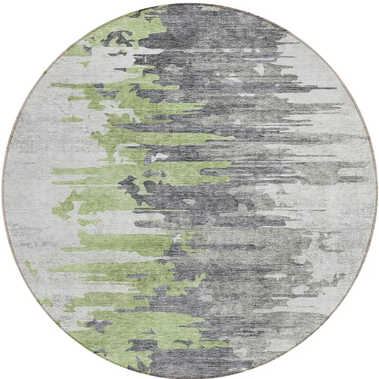 8' Green And Silver Round Abstract Washable Indoor Outdoor Area Rug