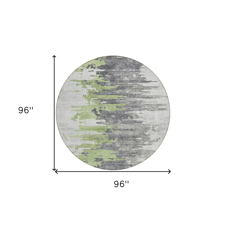 8' Green And Silver Round Abstract Washable Indoor Outdoor Area Rug