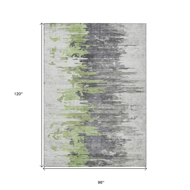 8' X 10' Green And Silver Abstract Washable Indoor Outdoor Area Rug