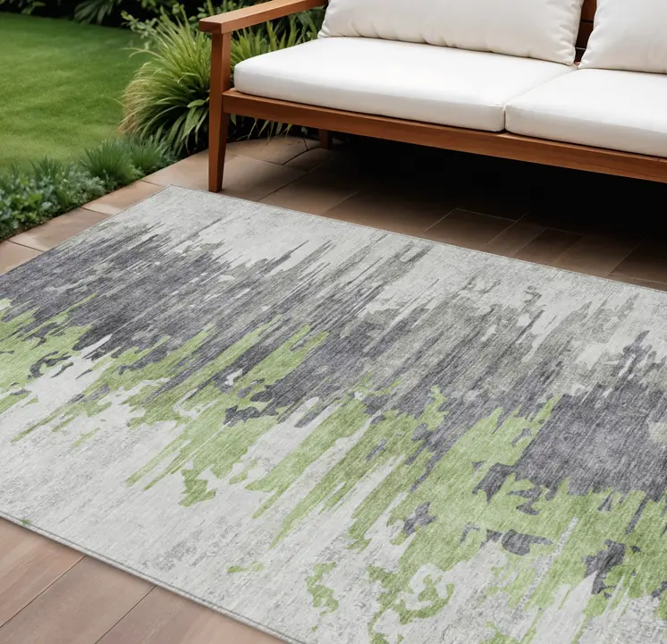 8' X 10' Green And Silver Abstract Washable Indoor Outdoor Area Rug