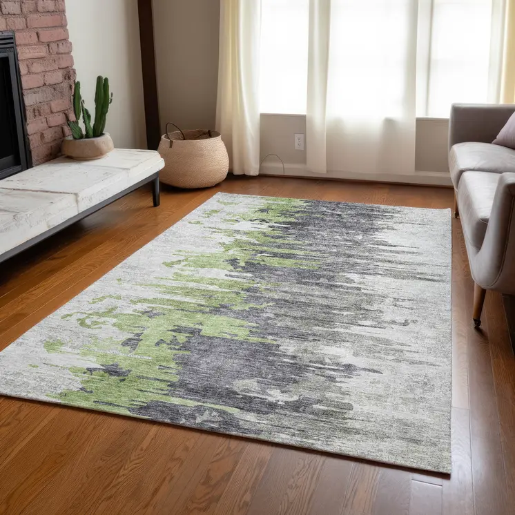10' X 14' Green And Silver Abstract Washable Indoor Outdoor Area Rug