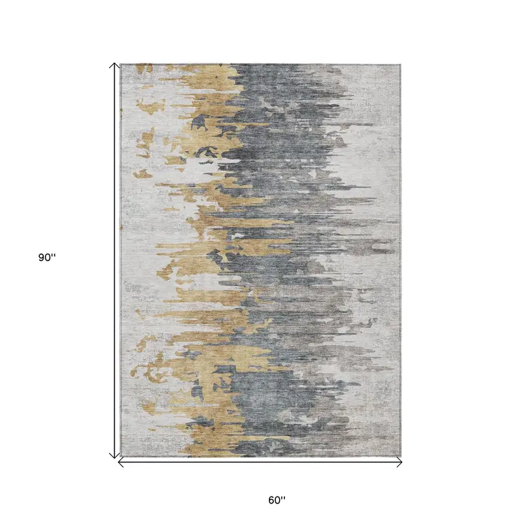 5' X 8' Ivory Charcoal And Silver Abstract Washable Indoor Outdoor Area Rug