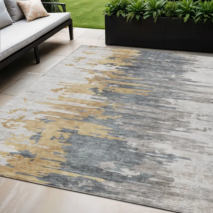 5' X 8' Ivory Charcoal And Silver Abstract Washable Indoor Outdoor Area Rug