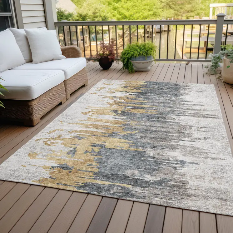 5' X 8' Ivory Charcoal And Silver Abstract Washable Indoor Outdoor Area Rug
