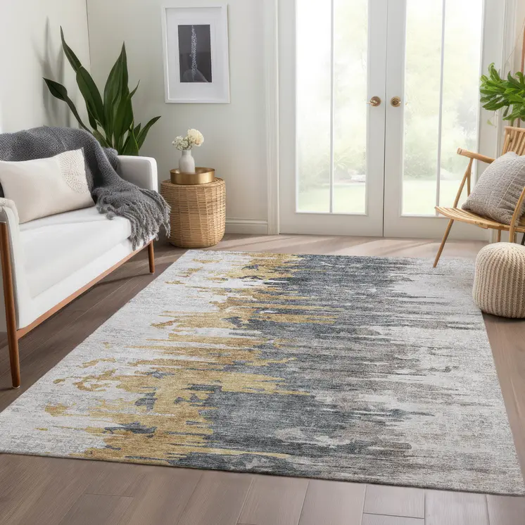5' X 8' Ivory Charcoal And Silver Abstract Washable Indoor Outdoor Area Rug