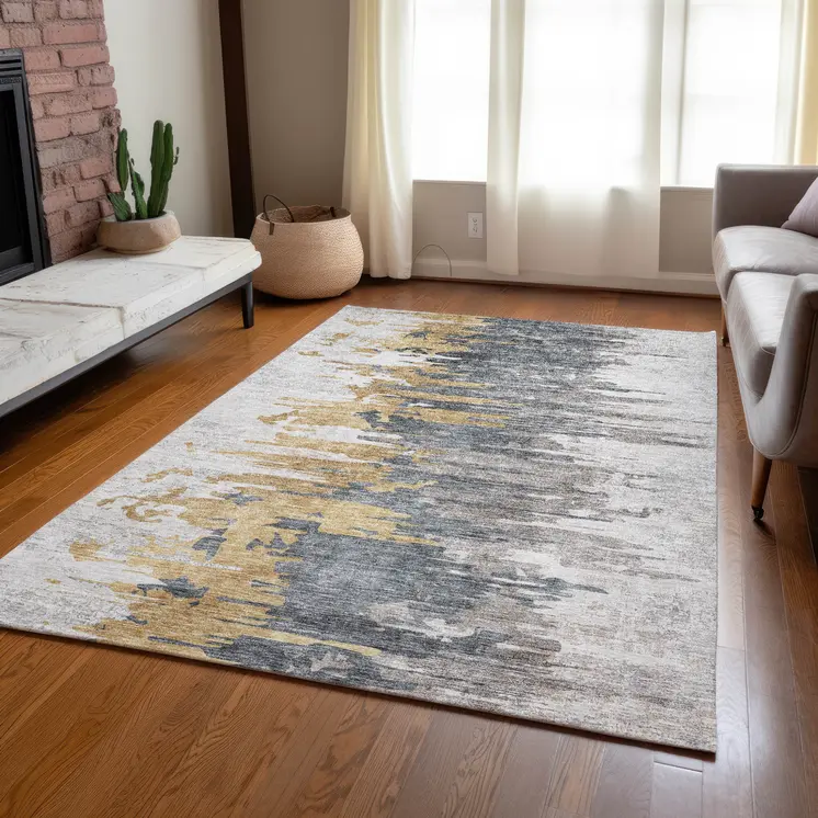 5' X 8' Ivory Charcoal And Silver Abstract Washable Indoor Outdoor Area Rug
