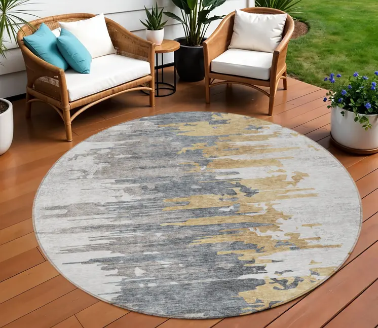 8' Ivory Charcoal And Silver Round Abstract Washable Indoor Outdoor Area Rug