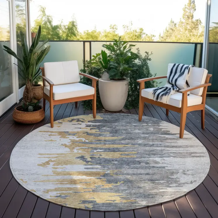8' Ivory Charcoal And Silver Round Abstract Washable Indoor Outdoor Area Rug