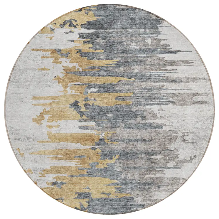 8' Ivory Charcoal And Silver Round Abstract Washable Indoor Outdoor Area Rug