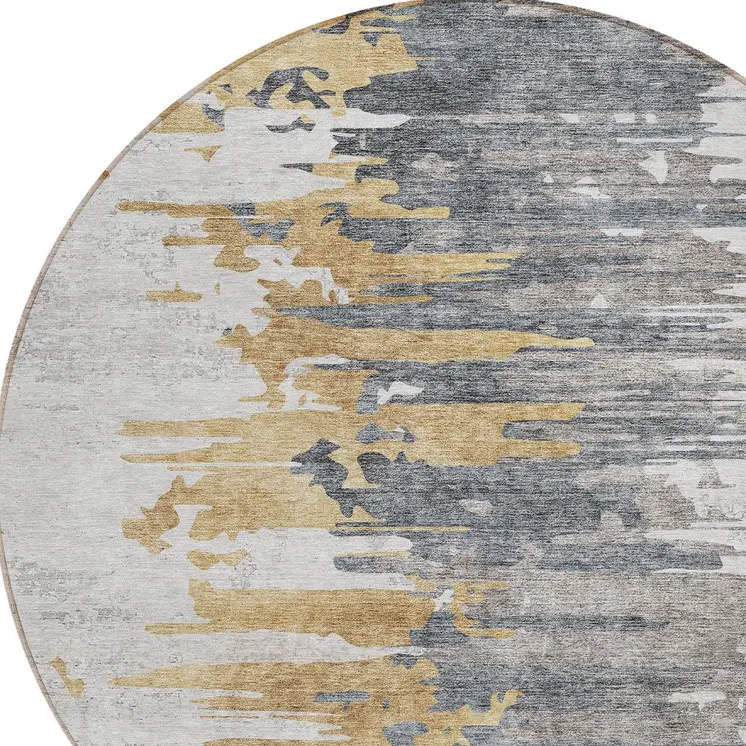 8' Ivory Charcoal And Silver Round Abstract Washable Indoor Outdoor Area Rug