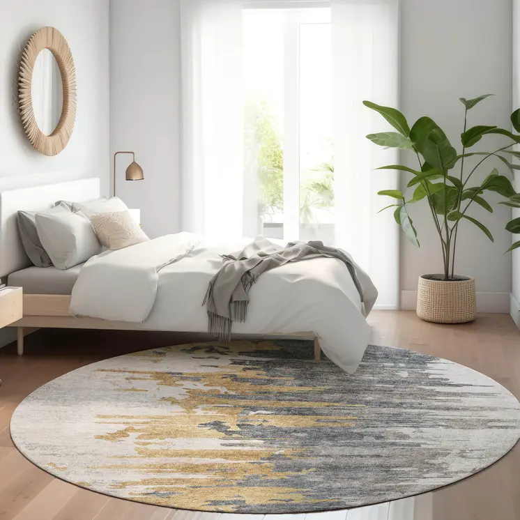 8' Ivory Charcoal And Silver Round Abstract Washable Indoor Outdoor Area Rug
