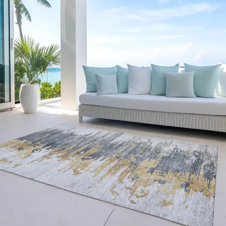 8' X 10' Ivory Charcoal And Silver Abstract Washable Indoor Outdoor Area Rug