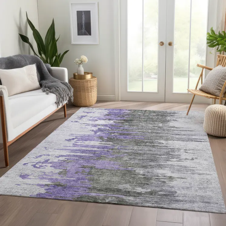3' X 5' Purple Ivory And Charcoal Abstract Washable Indoor Outdoor Area Rug