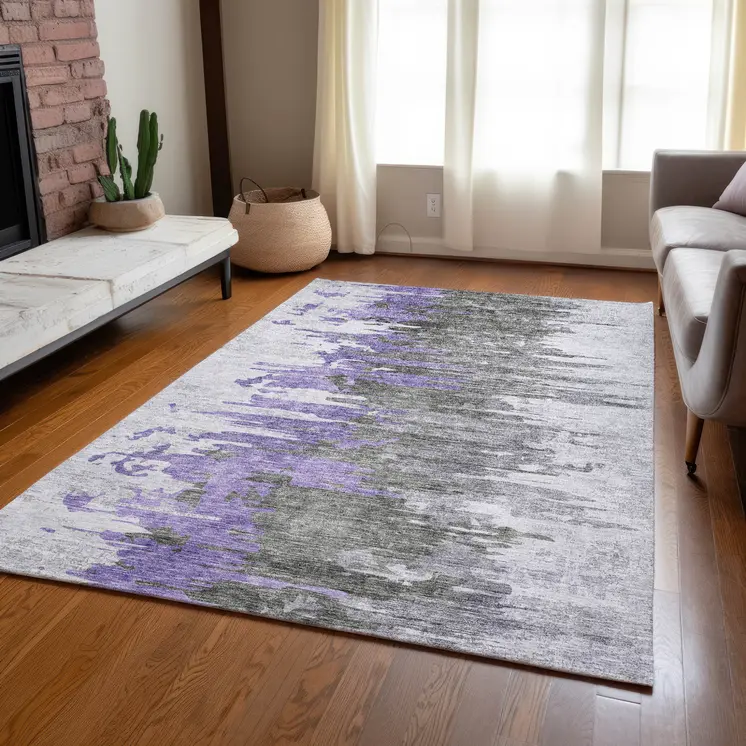3' X 5' Purple Ivory And Charcoal Abstract Washable Indoor Outdoor Area Rug