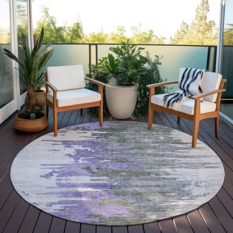 8' Purple Ivory And Charcoal Round Abstract Washable Indoor Outdoor Area Rug