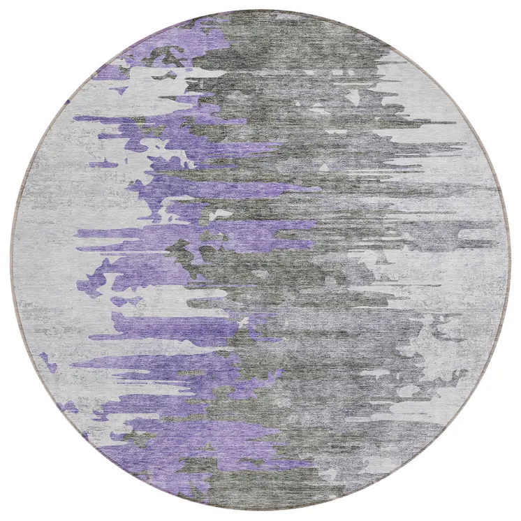 8' Purple Ivory And Charcoal Round Abstract Washable Indoor Outdoor Area Rug