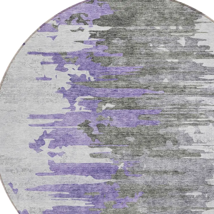 8' Purple Ivory And Charcoal Round Abstract Washable Indoor Outdoor Area Rug