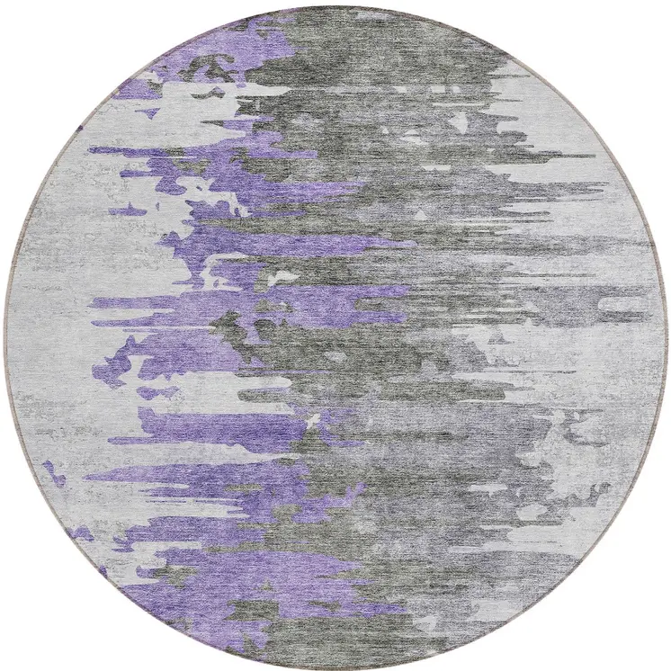 8' Purple Ivory And Charcoal Round Abstract Washable Indoor Outdoor Area Rug