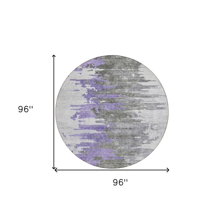 8' Purple Ivory And Charcoal Round Abstract Washable Indoor Outdoor Area Rug