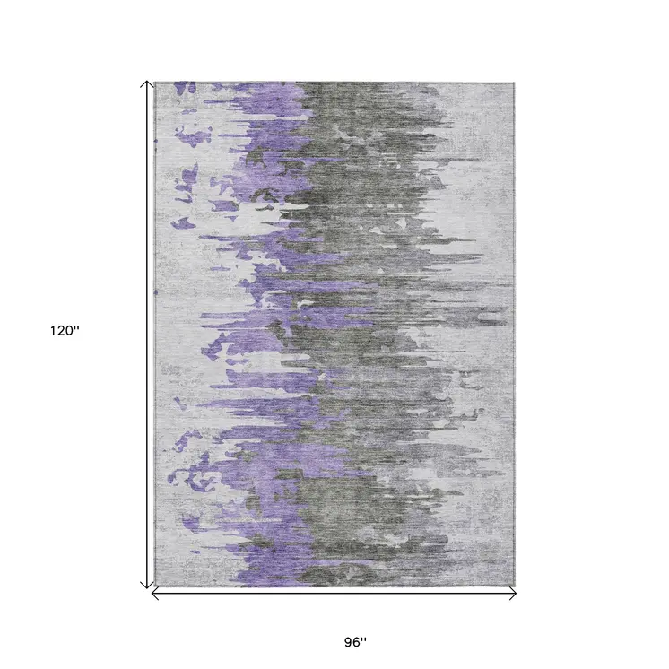 8' X 10' Purple Ivory And Charcoal Abstract Washable Indoor Outdoor Area Rug