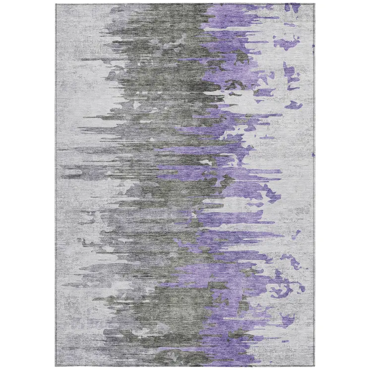 9' X 12' Purple Ivory And Charcoal Abstract Washable Indoor Outdoor Area Rug