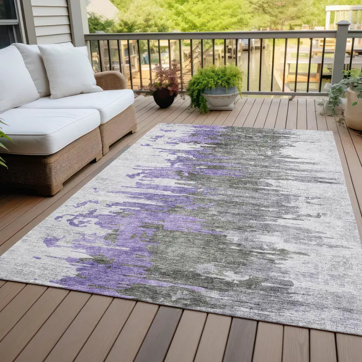 9' X 12' Purple Ivory And Charcoal Abstract Washable Indoor Outdoor Area Rug