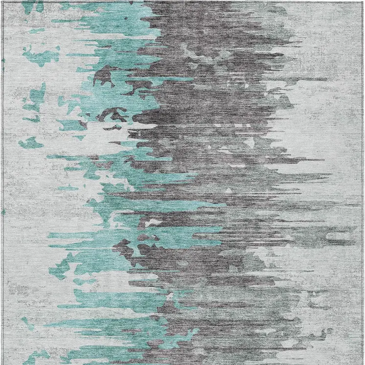 3' X 5' Teal Blue Charcoal And Silver Abstract Washable Indoor Outdoor Area Rug