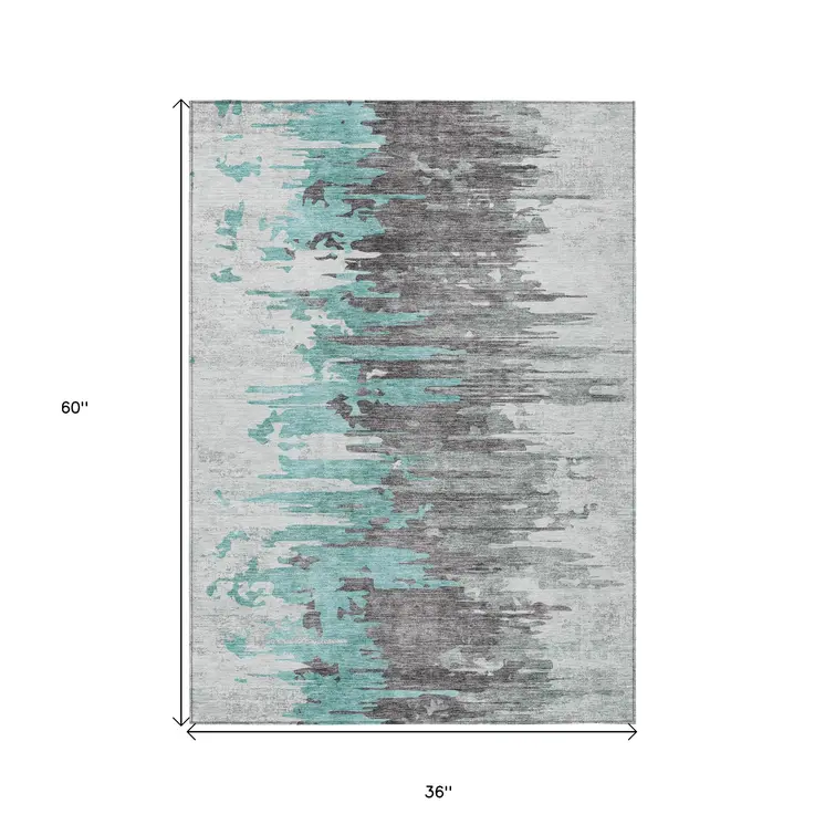 3' X 5' Teal Blue Charcoal And Silver Abstract Washable Indoor Outdoor Area Rug