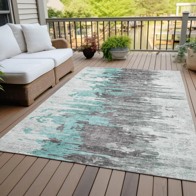3' X 5' Teal Blue Charcoal And Silver Abstract Washable Indoor Outdoor Area Rug