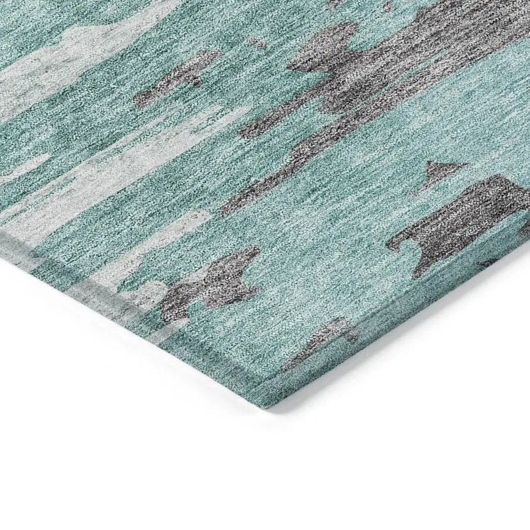 3' X 5' Teal Blue Charcoal And Silver Abstract Washable Indoor Outdoor Area Rug