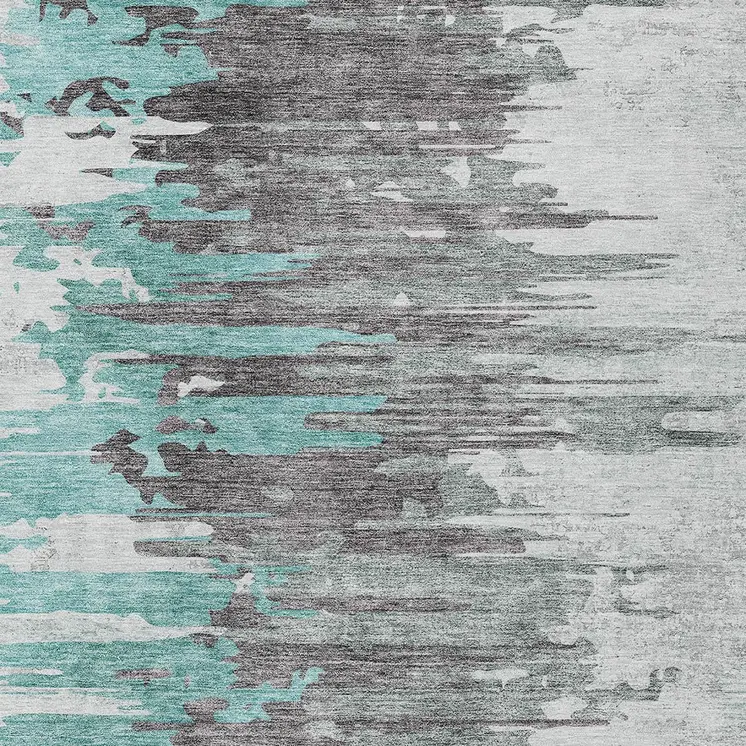 3' X 5' Teal Blue Charcoal And Silver Abstract Washable Indoor Outdoor Area Rug
