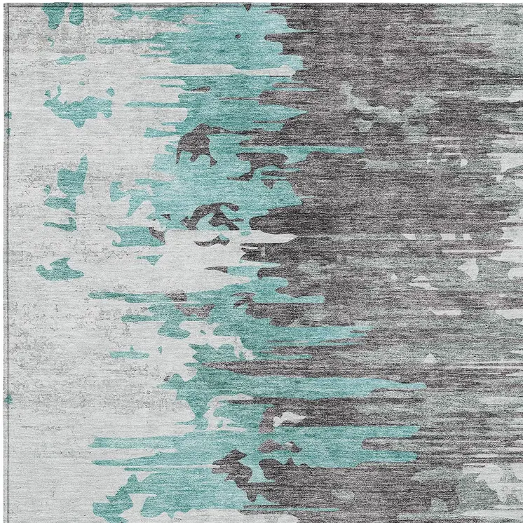 5' X 8' Teal Blue Charcoal And Silver Abstract Washable Indoor Outdoor Area Rug
