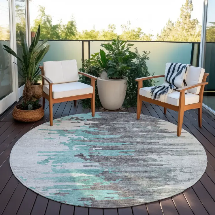 8' Teal Blue Charcoal And Silver Round Abstract Washable Indoor Outdoor Area Rug