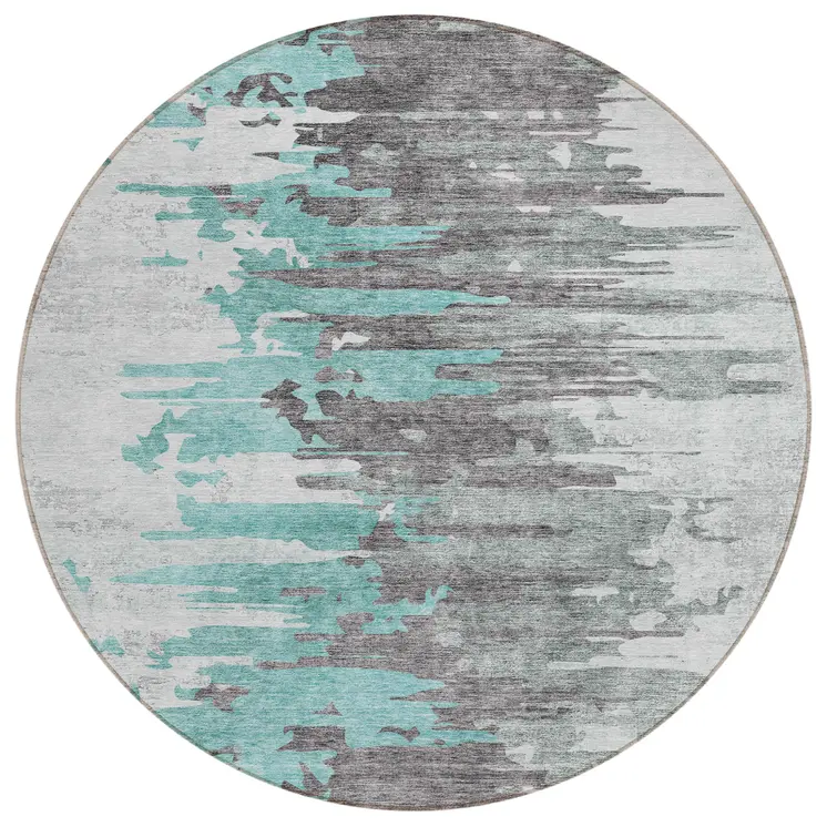8' Teal Blue Charcoal And Silver Round Abstract Washable Indoor Outdoor Area Rug