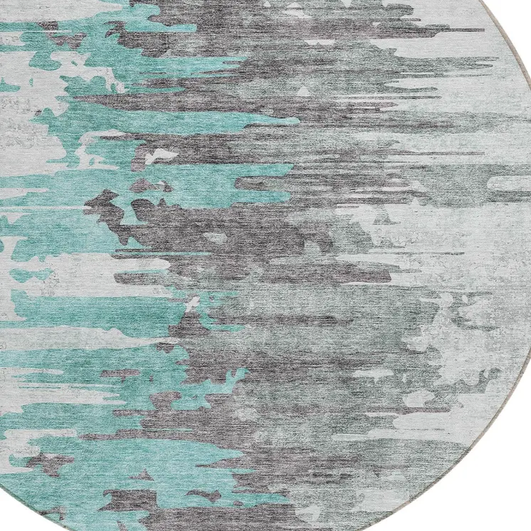 8' Teal Blue Charcoal And Silver Round Abstract Washable Indoor Outdoor Area Rug