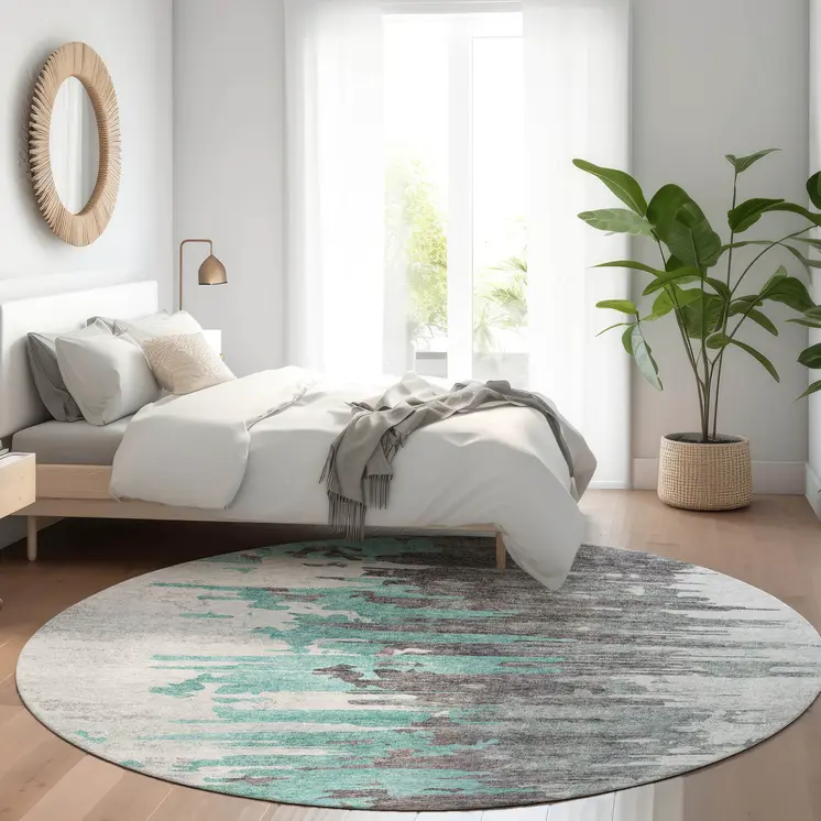 8' Teal Blue Charcoal And Silver Round Abstract Washable Indoor Outdoor Area Rug