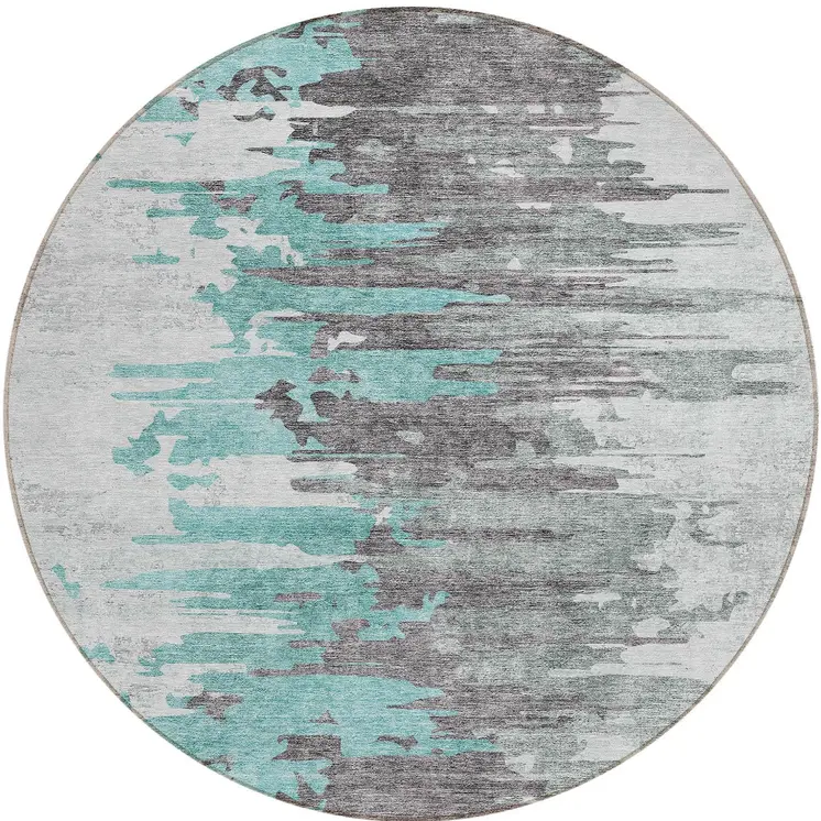 8' Teal Blue Charcoal And Silver Round Abstract Washable Indoor Outdoor Area Rug