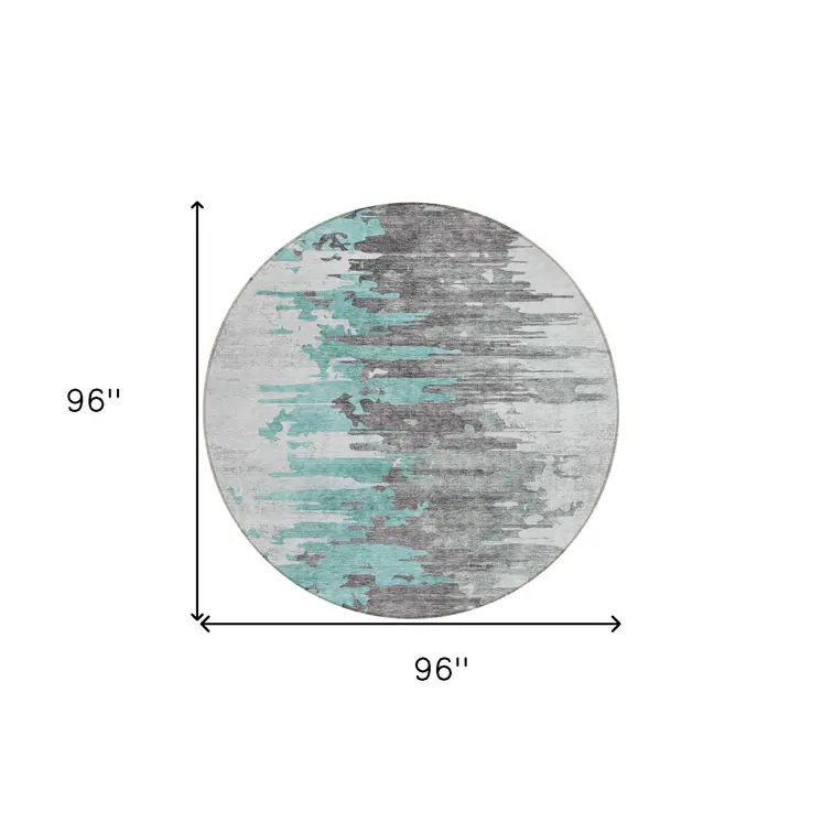8' Teal Blue Charcoal And Silver Round Abstract Washable Indoor Outdoor Area Rug