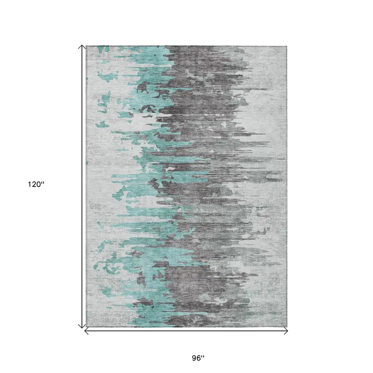 8' X 10' Teal Blue Charcoal And Silver Abstract Washable Indoor Outdoor Area Rug