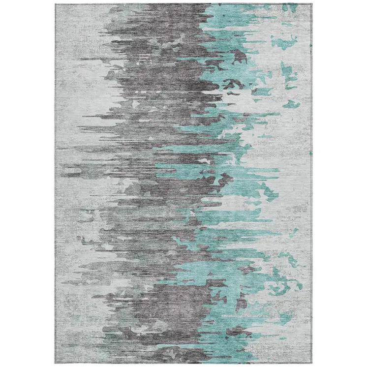 9' X 12' Teal Blue Charcoal And Silver Abstract Washable Indoor Outdoor Area Rug