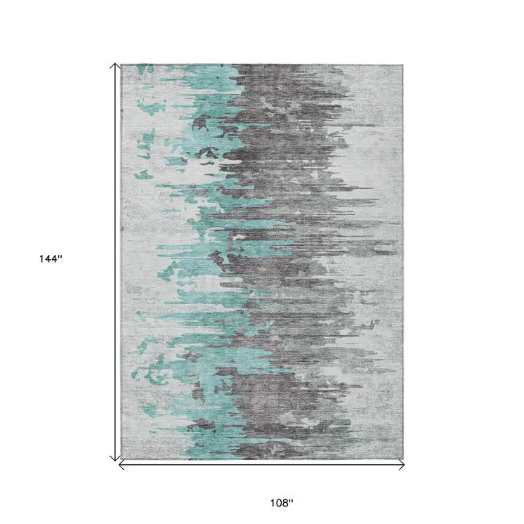 9' X 12' Teal Blue Charcoal And Silver Abstract Washable Indoor Outdoor Area Rug