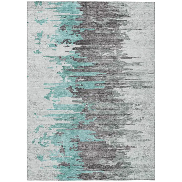 9' X 12' Teal Blue Charcoal And Silver Abstract Washable Indoor Outdoor Area Rug
