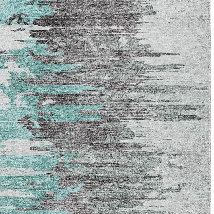 9' X 12' Teal Blue Charcoal And Silver Abstract Washable Indoor Outdoor Area Rug