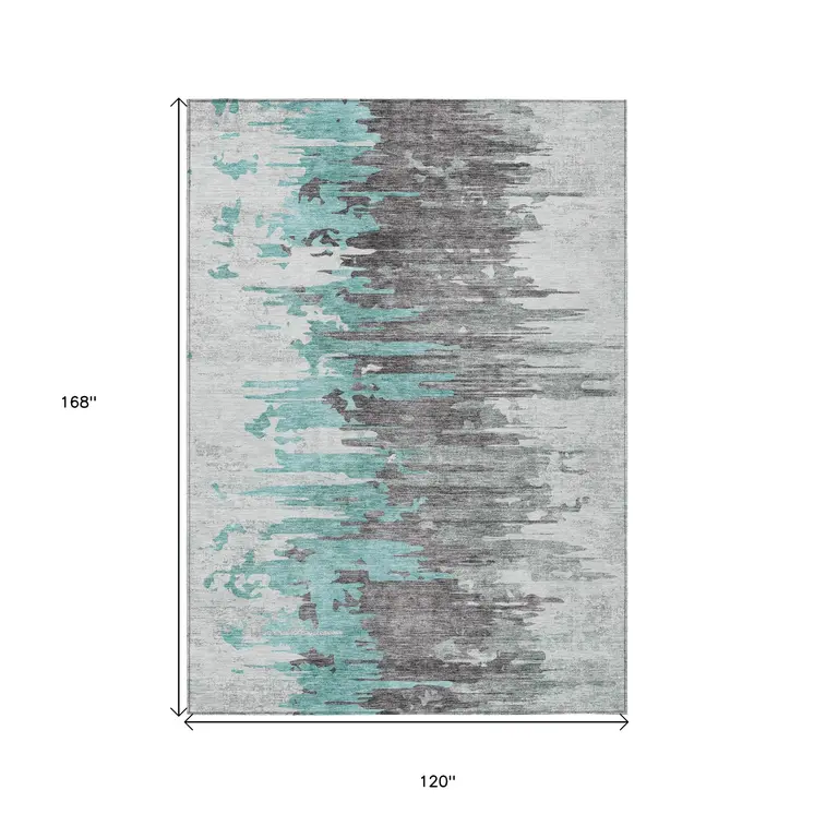10' X 14' Teal Blue Charcoal And Silver Abstract Washable Indoor Outdoor Area Rug