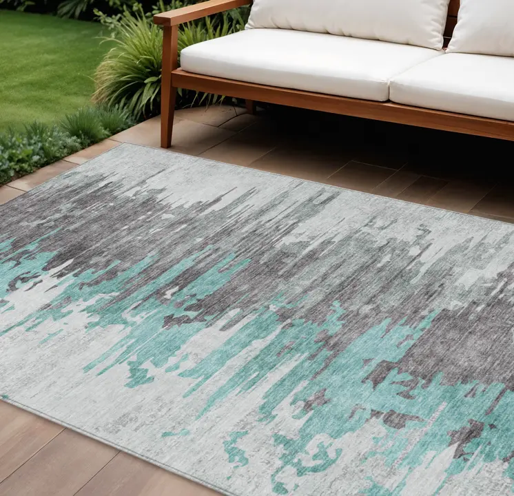 10' X 14' Teal Blue Charcoal And Silver Abstract Washable Indoor Outdoor Area Rug