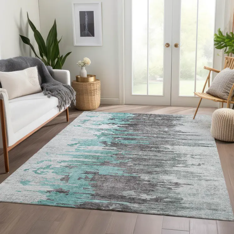 10' X 14' Teal Blue Charcoal And Silver Abstract Washable Indoor Outdoor Area Rug