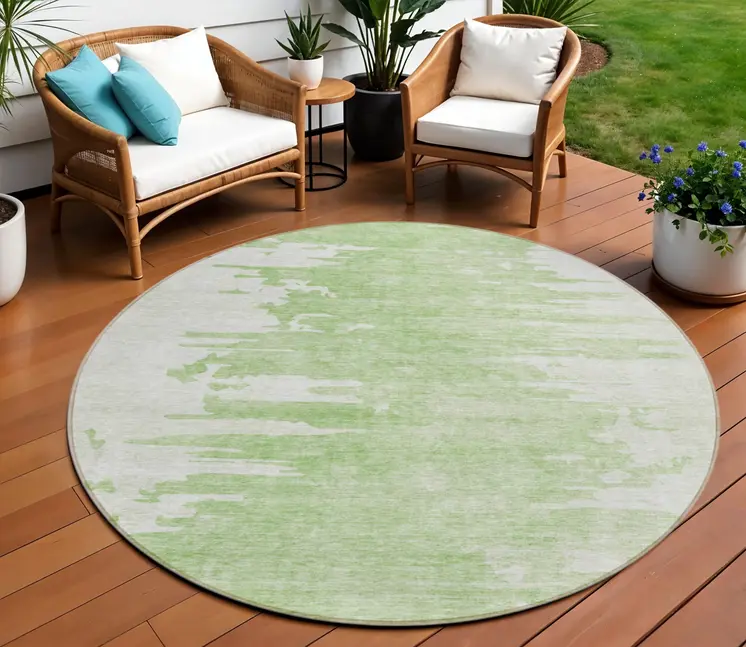 8' Green And Mint Green Round Abstract Washable Indoor Outdoor Area Rug