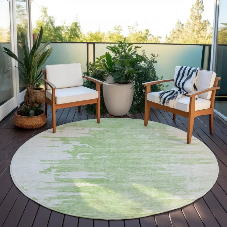 8' Green And Mint Green Round Abstract Washable Indoor Outdoor Area Rug