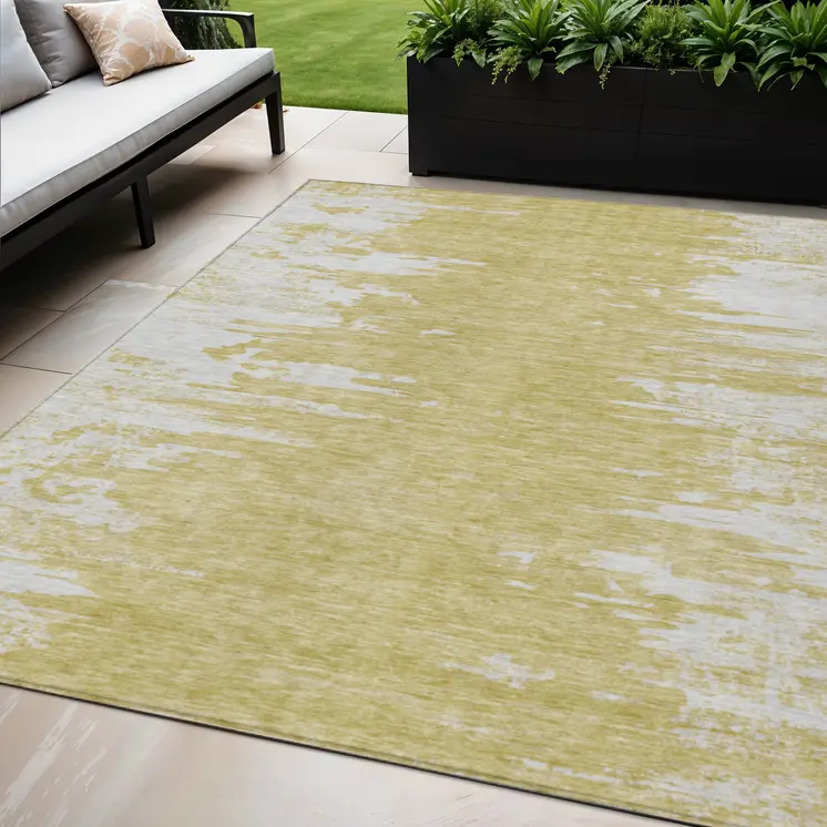 5' X 8' Gold And Ivory Abstract Washable Indoor Outdoor Area Rug